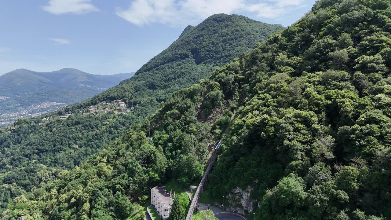 Monte Bre Lugano Switzerland. incline railway drone,aerial push in shot
