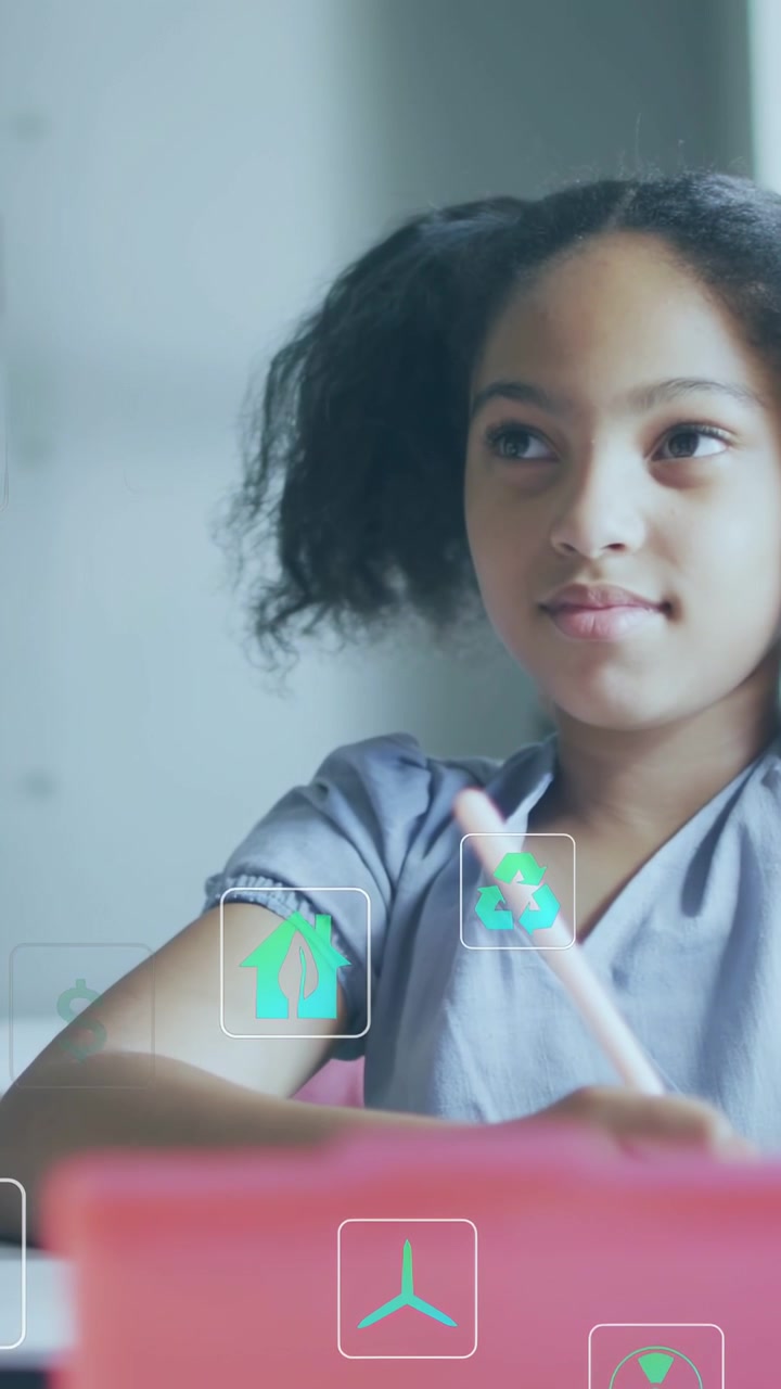 Vertical video: School teacher hand entering student raising hand to answer AR UI appearing by hand