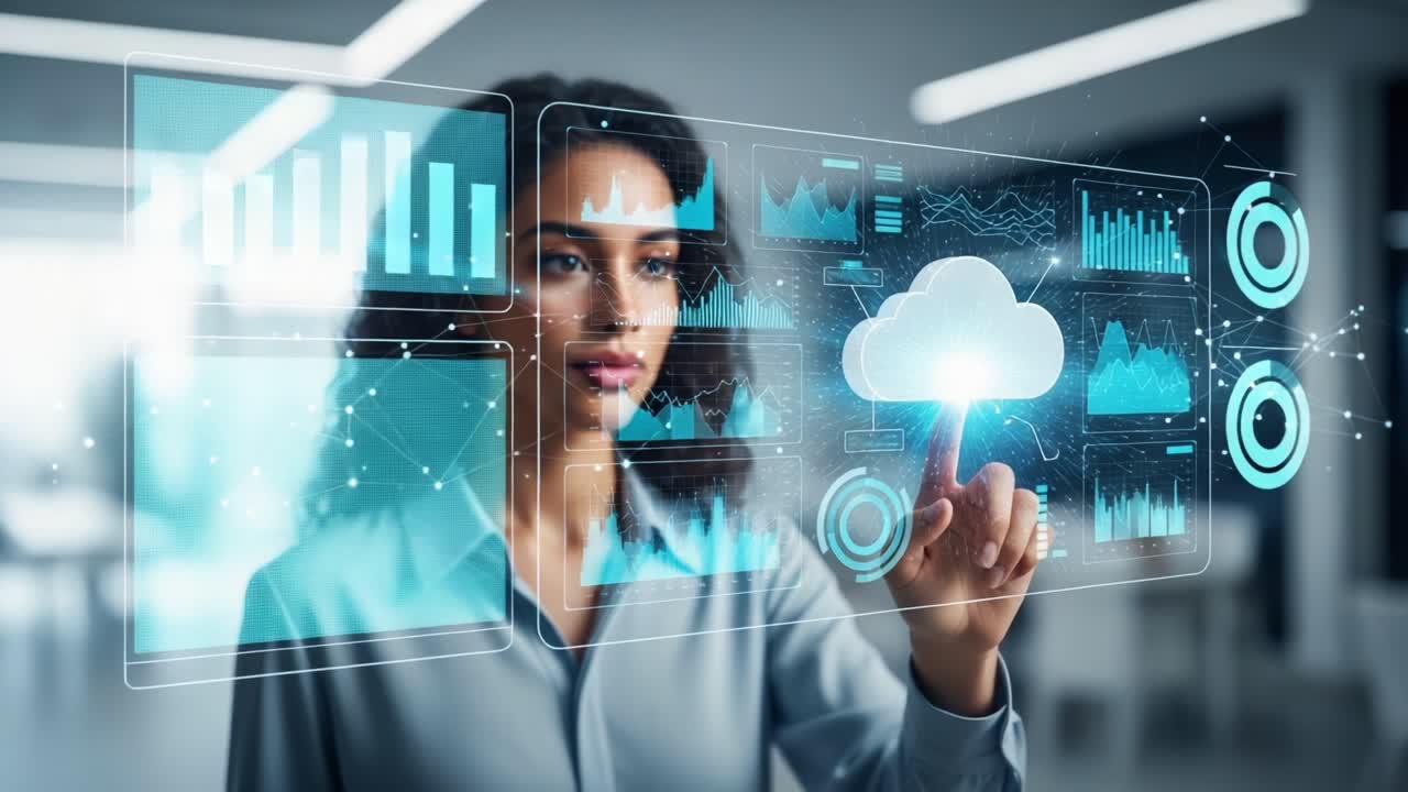 A Professional Woman Interacting with a Digital Cloud Interface Displaying Data Analytics and Visualizations in a Modern Workspace Environment