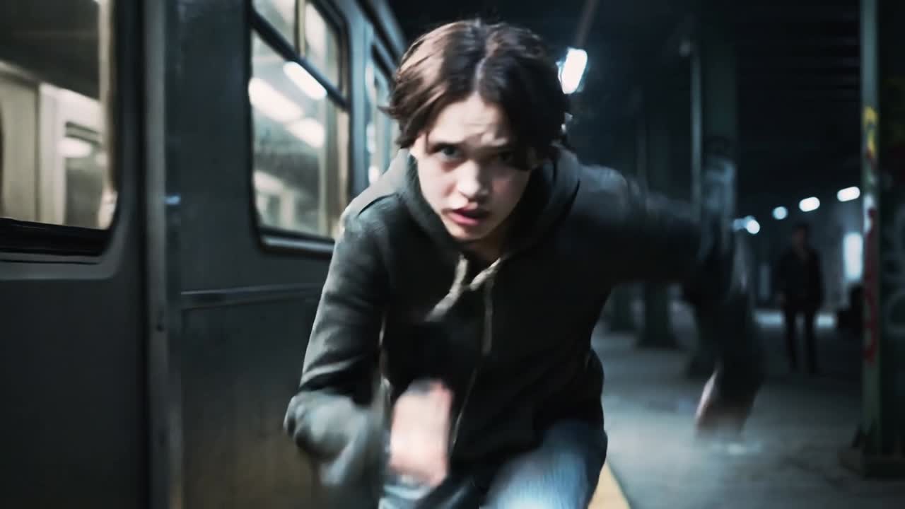 Running female in dark hoodie sprinting from train doorway on subway platform, showing urgent focus