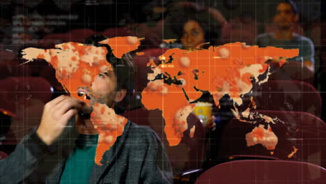 animación del procesamiento de datos de covid 19 con el mapa del mundo sobre las personas en el cine