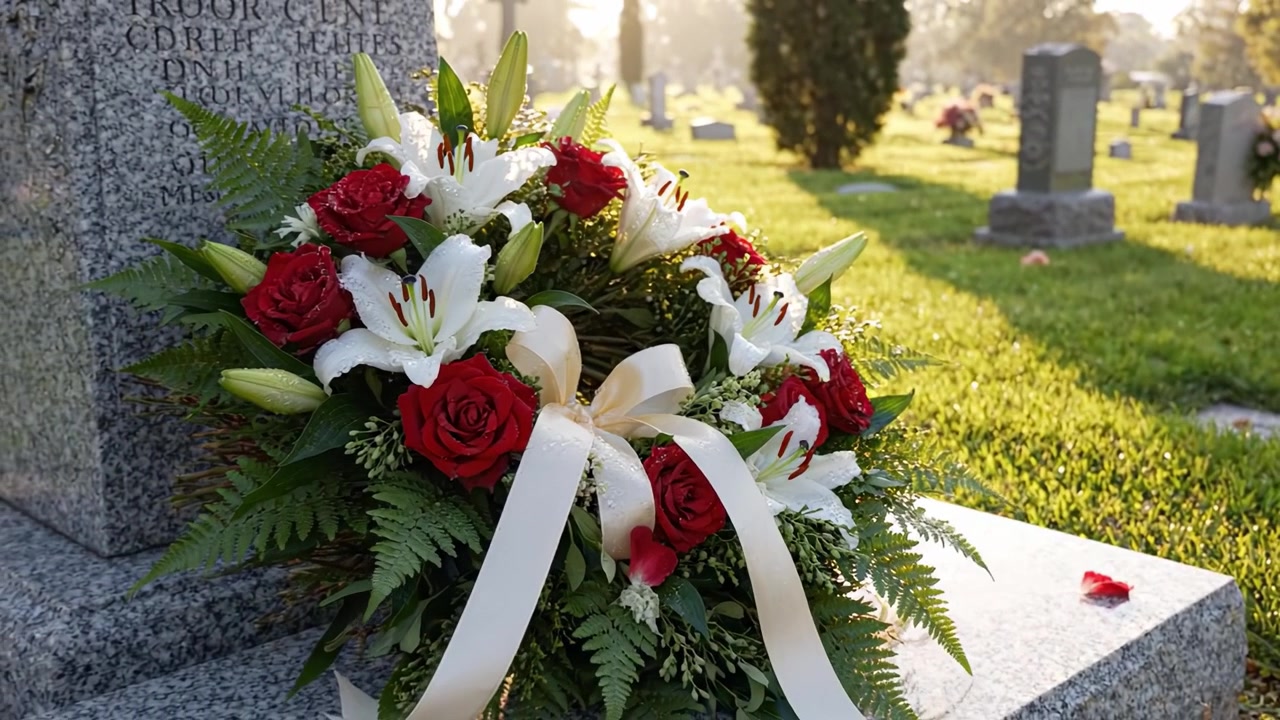 Un bellissimo omaggio floreale: una lussureggiante corona di rose rosse e gigli bianchi adornata con un nastro di raso in un sereno ambiente cimiteriale.