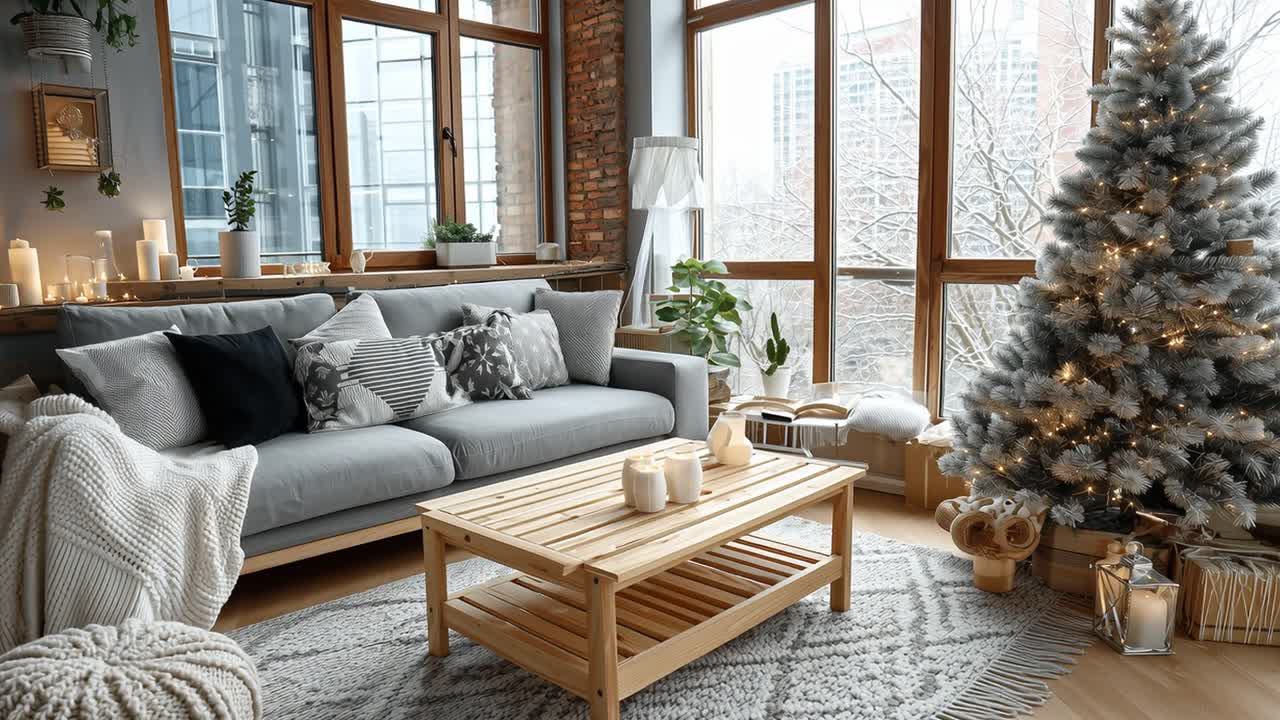 Cozy Living Room with Christmas Tree