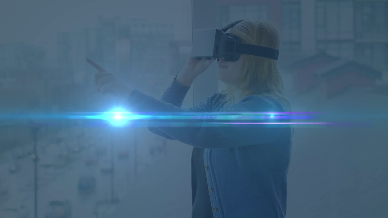 animación de puntos de luz sobre mujer caucásica con auriculares vr