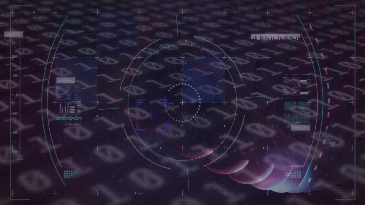 Animation of dna rotating over glitch, binary code on dark violet background