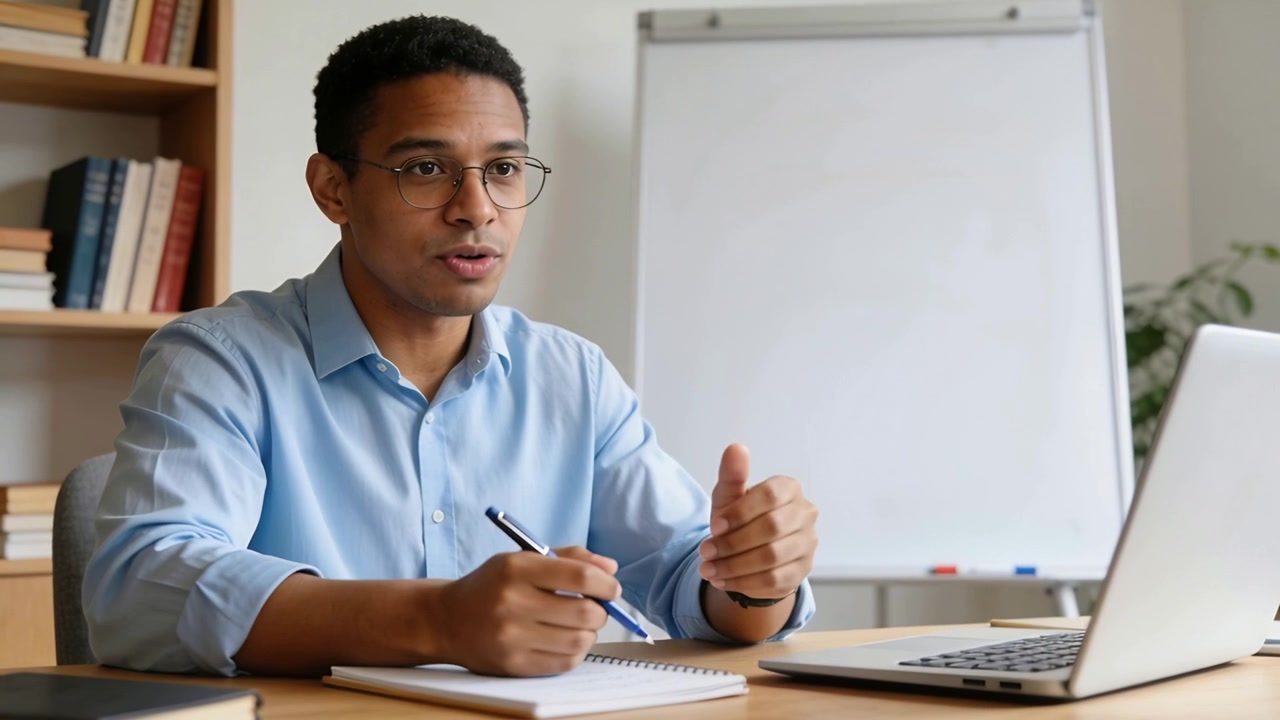 Meeting starting, man in blue shirt presenting at desk, using laptop, noting on notepad with pen