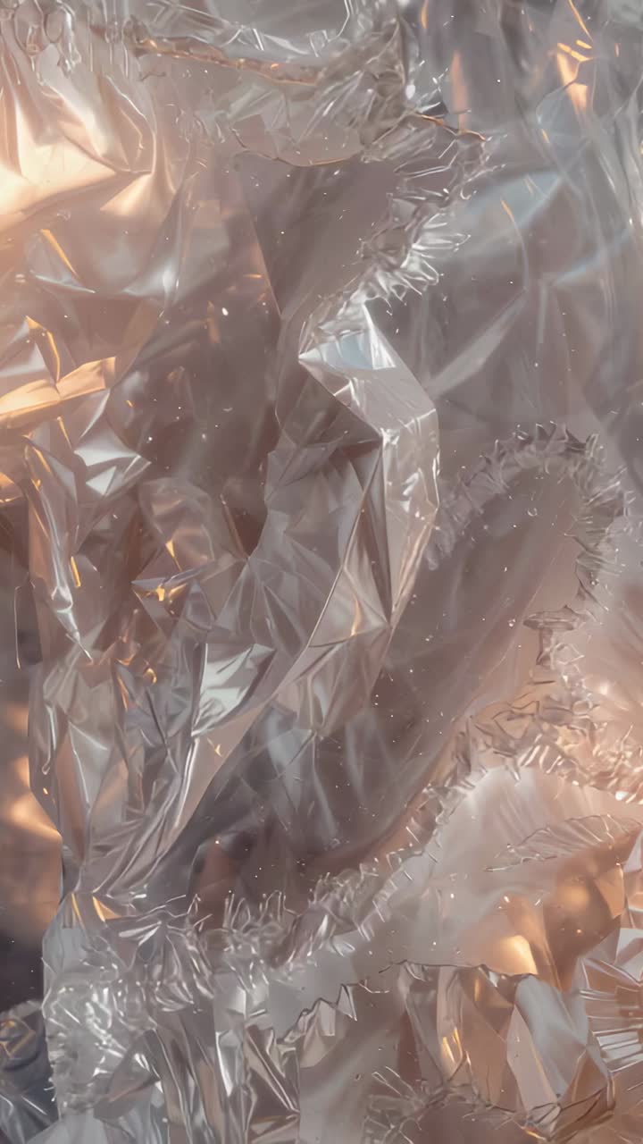 Vertical video: Appearing warm glow behind crinkled film in room, folding and showing seam flecks