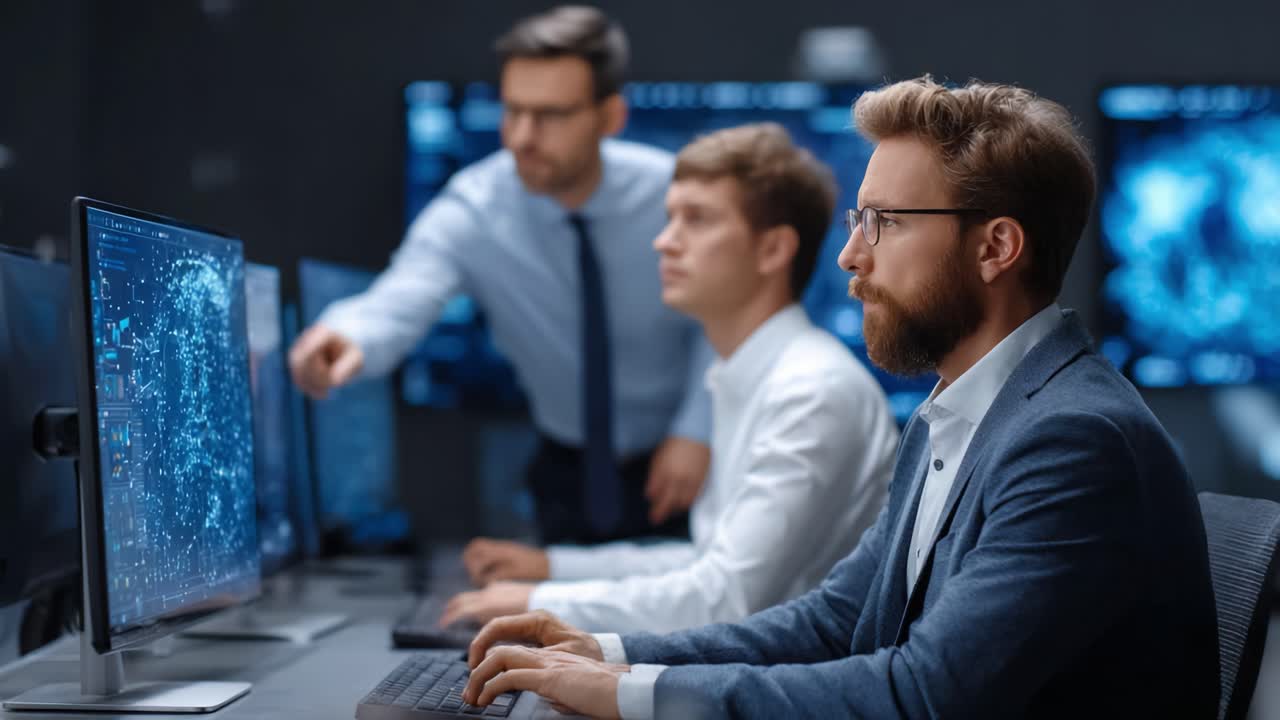 Professional Team Analyzing Data Insights in a High-Tech Office with Advanced Computers, Focusing on Digital Graphics and Engaged Collaboration Among Colleagues