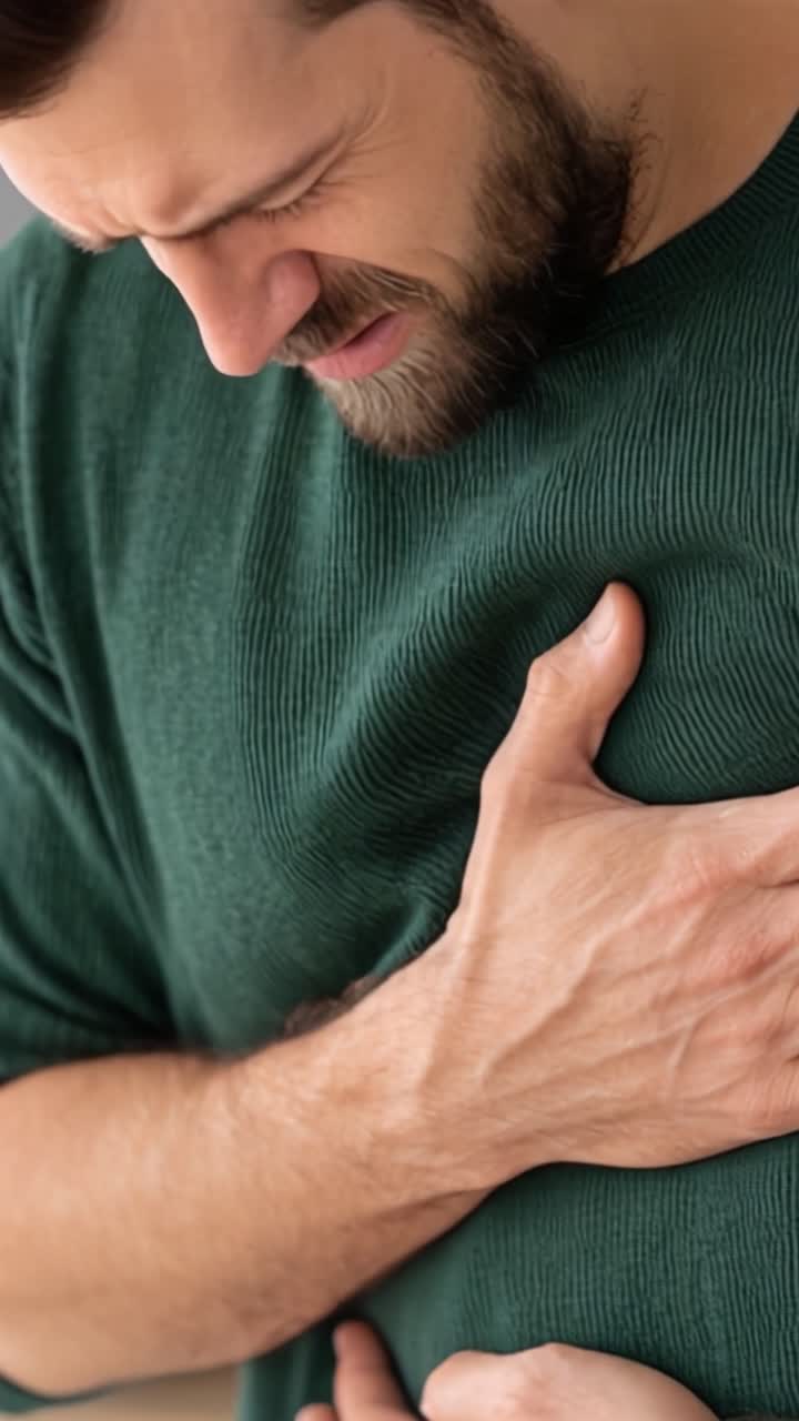 Un uomo si stringe il petto, esprimendo disagio e preoccupazione, evidenziando l'impatto dei problemi di salute sulla vita quotidiana e l'importanza di essere consapevoli dei segnali del corpo
