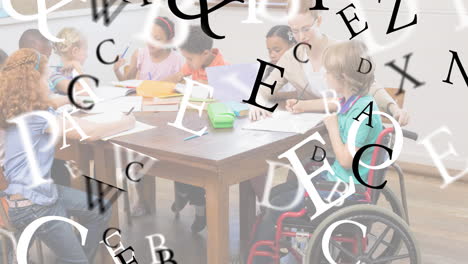 multiple alphabets floating against group of students studying in class at school