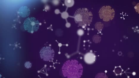 Animation-of-molecules-and-chemical-elements-and-macro-Covid-19-cells-floating-on-purple-background