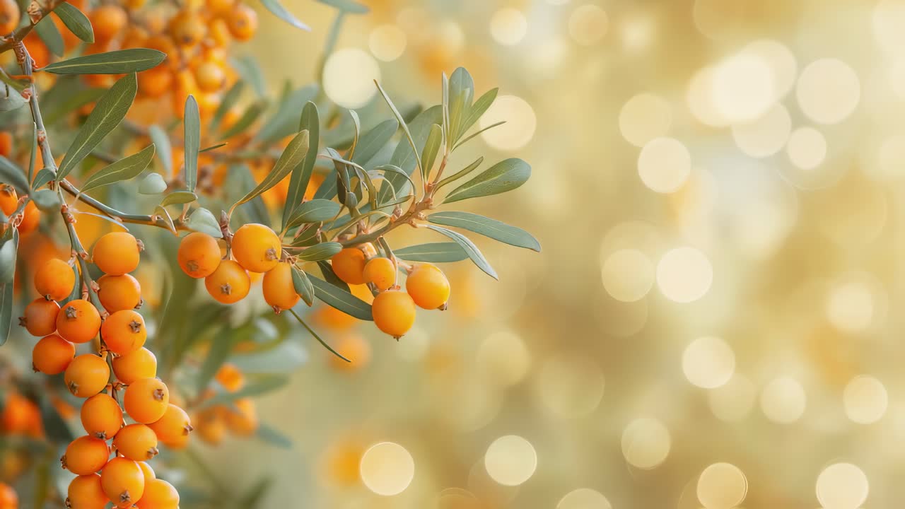 Ripe orange sea buckthorn berries hanging from a branch with green leaves, illuminated by soft, diffused light creating a bokeh effect in the background