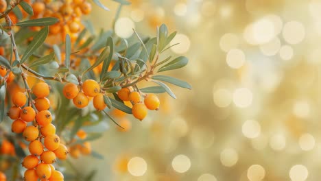 ripe orange sea buckthorn berries hanging from a branch with green leaves, illuminated by soft, diffused light creating a bokeh effect in the background