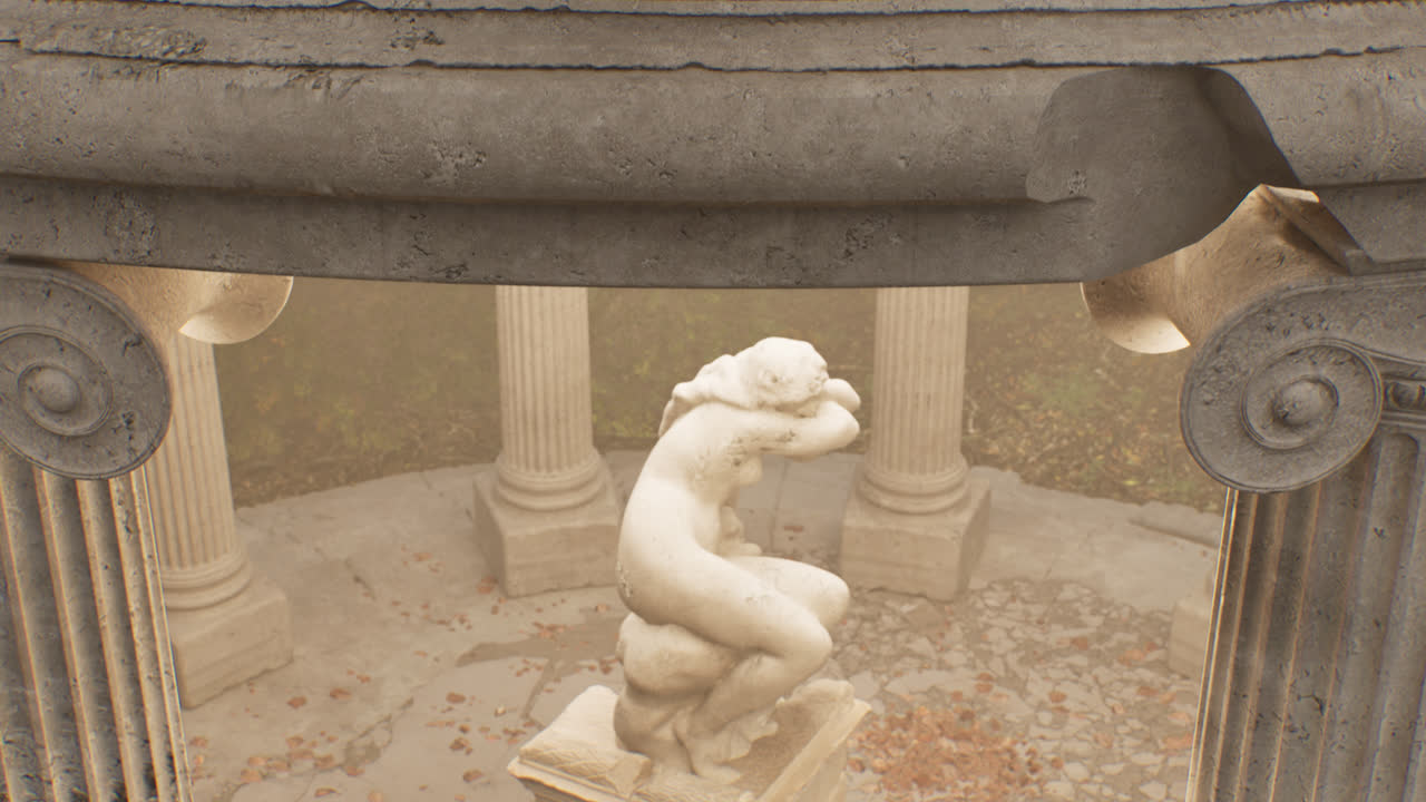 Camera Pans Down from Ancient Stone Carving to Classical Statue