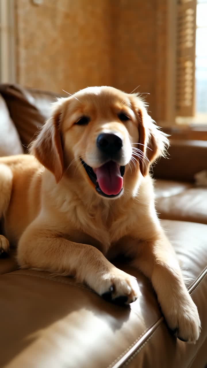 Happy Golden Retriever Puppy Yawning on a Couch