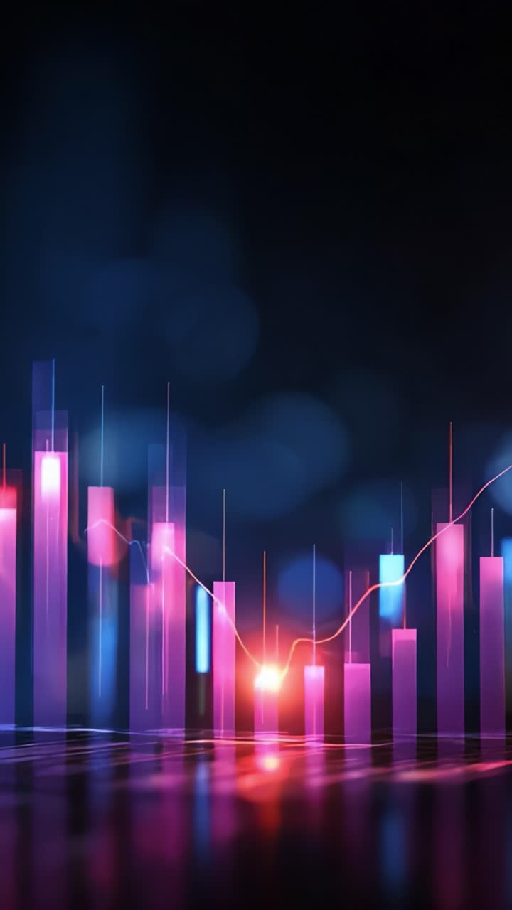 Grafico finanziario dinamico che mostra un trend di mercato brillante e luminoso, con barre fluttuanti e una curva uniforme che rappresenta l'analisi dei dati e l'innovazione tecnologica