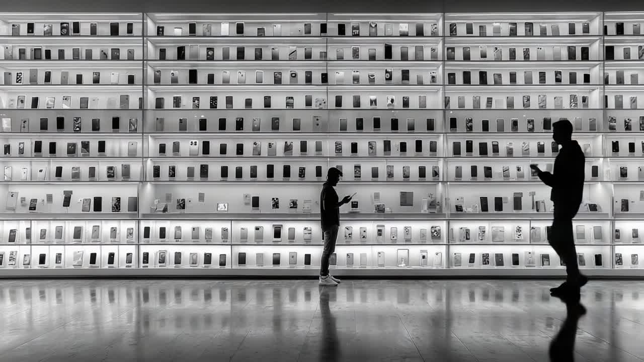 Two individuals interact in a sleek, modern display area filled with various smartphones, showcasing the range of technology and design available in today's mobile device market