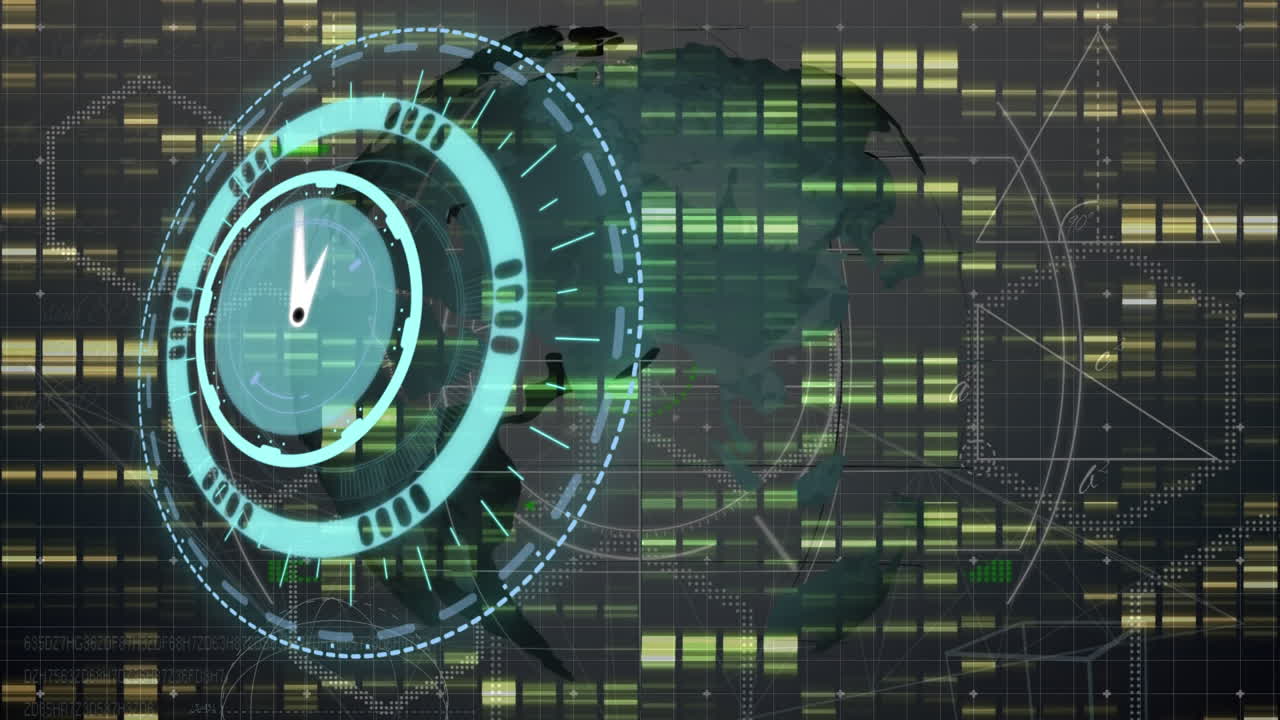 animación de cuadrados de mosaico sobre un reloj de neón y un globo giratorio contra un fondo gris