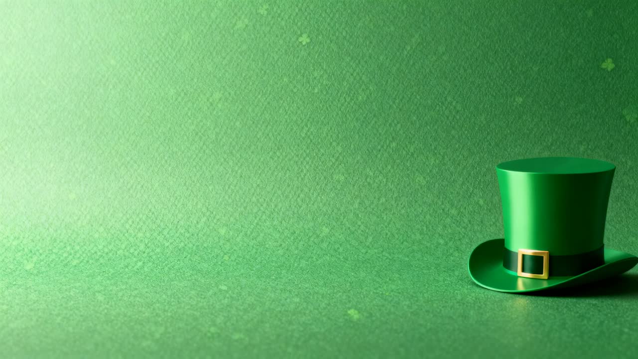 Sequence playing, green top hat sitting on right table, shamrock backdrop, holiday prop, copy space