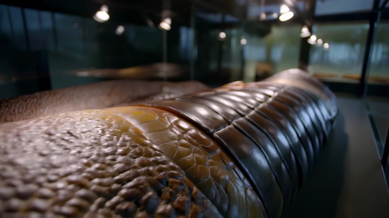 Primo piano dal basso di pelle testurizzata conservata o pelle squamosa all'interno di una teca di vetro, con superficie ruvida a ciottoli, placche segmentate lisce, riflesso morbido, ombra profonda e un'esposizione museale curata