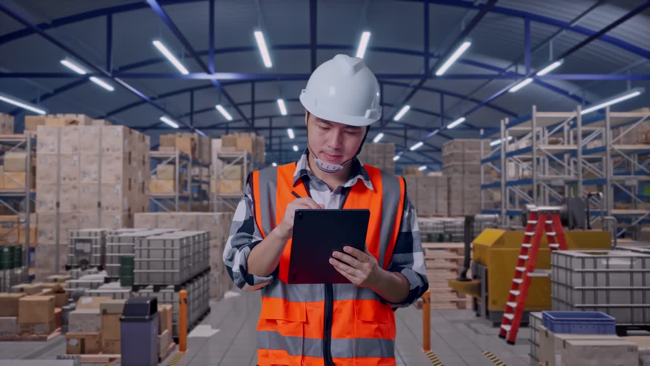 Vista frontale di un ingegnere maschio asiatico che prende appunti su un tablet mentre cammina e ispeziona in un ampio magazzino con scaffalature