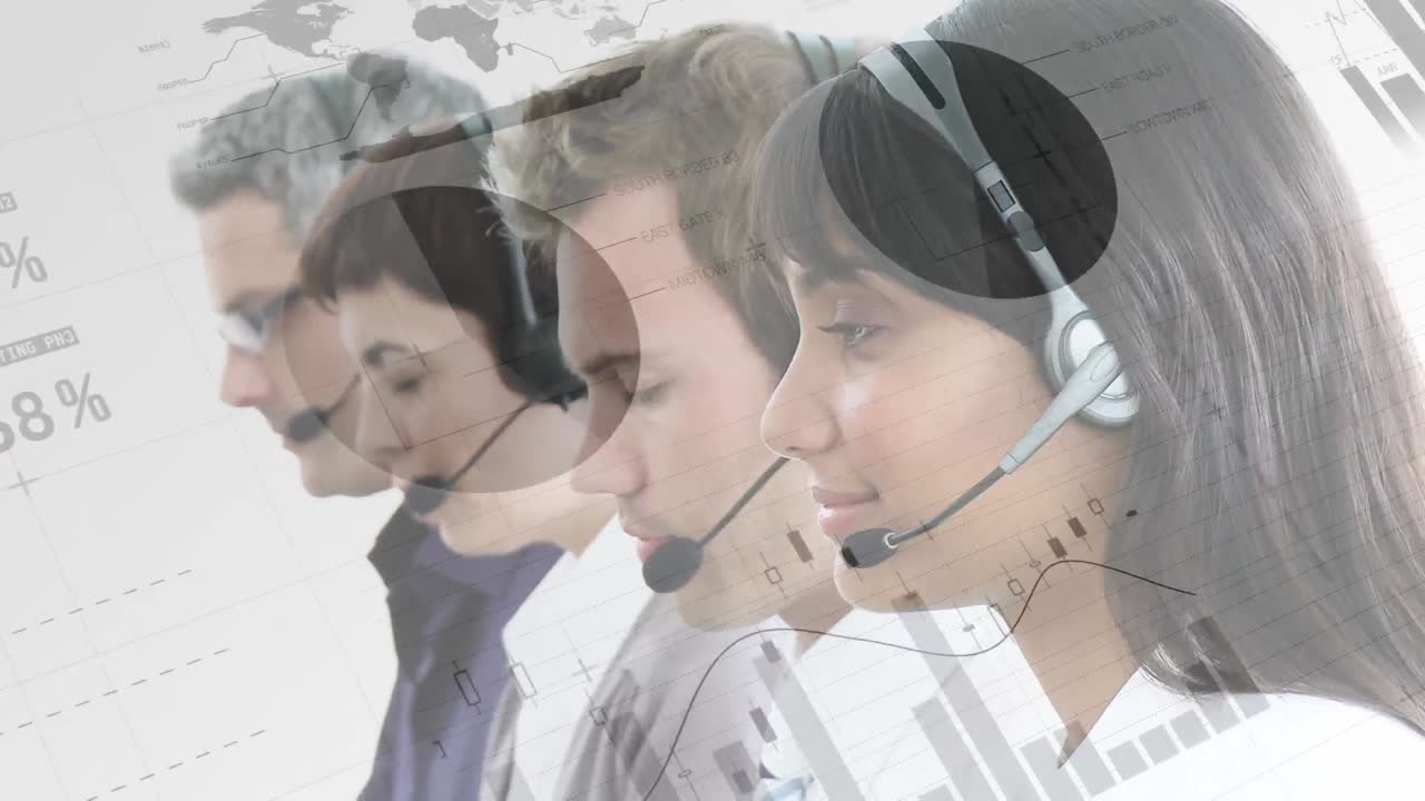 전화 헤드 ⁇ 을 사용하는 사업가들에 대한 통계의 애니메이션