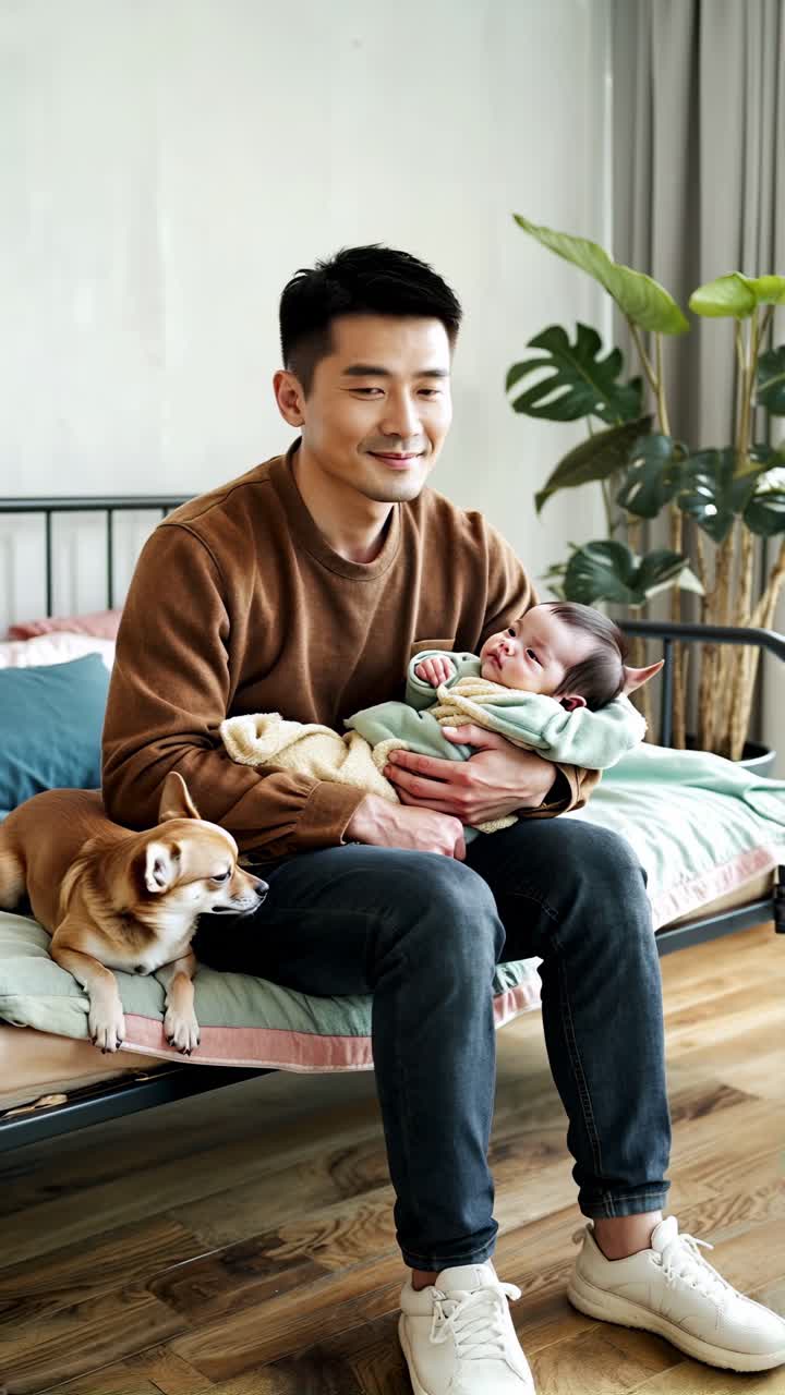 Asian father and baby bonding with their pet on the bed.