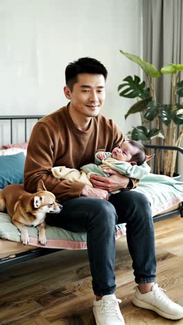 asian father and baby bonding with their pet on the bed.