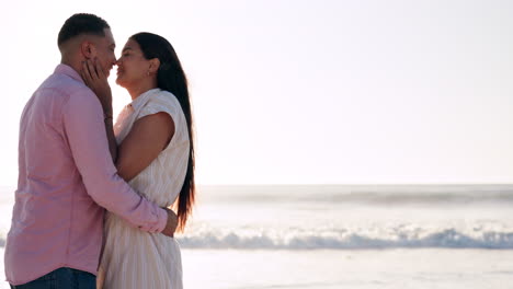 Beach,-happy-and-couple-hug-at-sunset-at-the-ocean