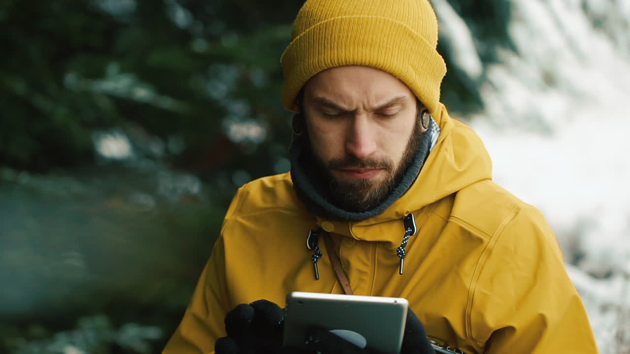 Man in Yellow Jacket Using Tablet in Winter