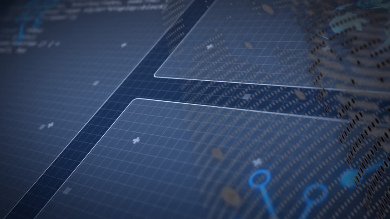 Animation of digital interface with grid lines and abstract blue shapes