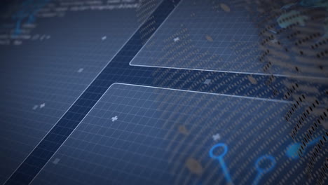 animation of digital interface with grid lines and abstract blue shapes