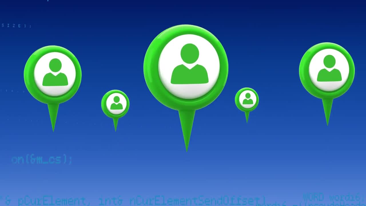 códigos de programa y iconos de perfil con alfileres de mapa