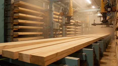 automated wood processing facility with precision machinery and timber stack in operation - advanced lumber handling and storage solutions
