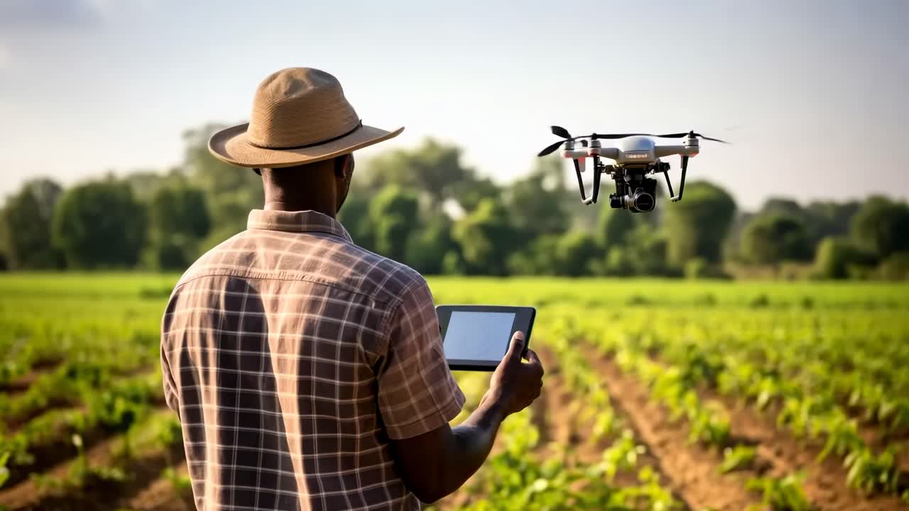 Aerial video concept with a low-angle shot of a farmer using a tablet to control a drone over a lush