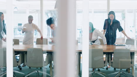 glass, meeting and collaboration with a woman team