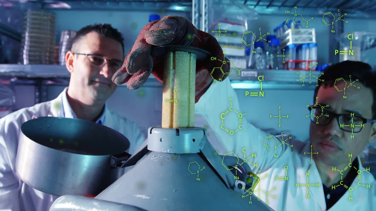 animación del procesamiento de datos científicos sobre diversos científicos en el laboratorio