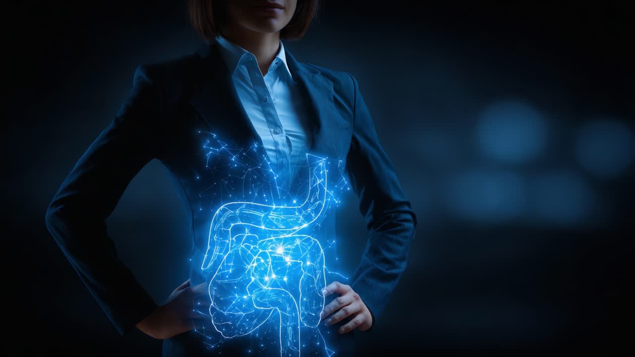 A Woman in a Suit Showcases a Radiant Blue Hologram of the Digestive System, Highlighting the Intrigue of Human Anatomy and Technology Intertwined in Healthcare