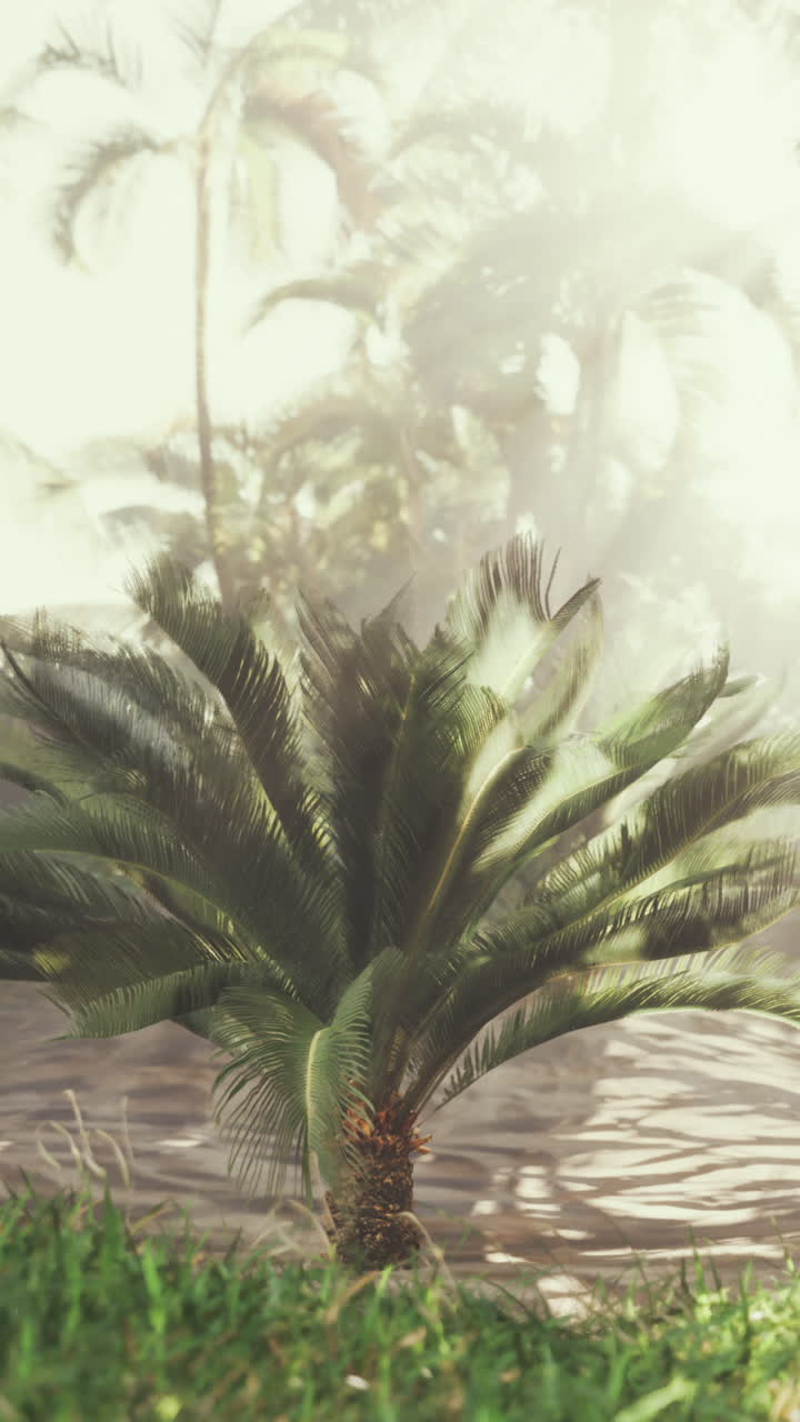 Warm rays streaming through lush palm foliage