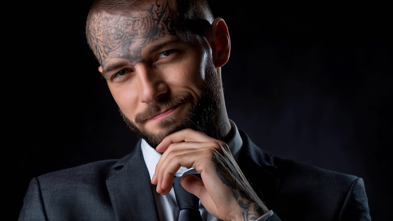 Uomo tatuato in abito scuro guarda direttamente la fotocamera. Appoggia una mano vicino al mento, mostrando tatuaggi dettagliati. L'espressione è calma, sicura di sé e leggermente compiaciuta. L'abito è elegante e ben tagliato, in contrasto con l'arte corporea