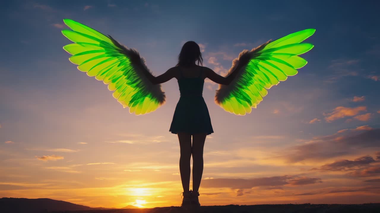 Girl with Angel Wings at Sunset