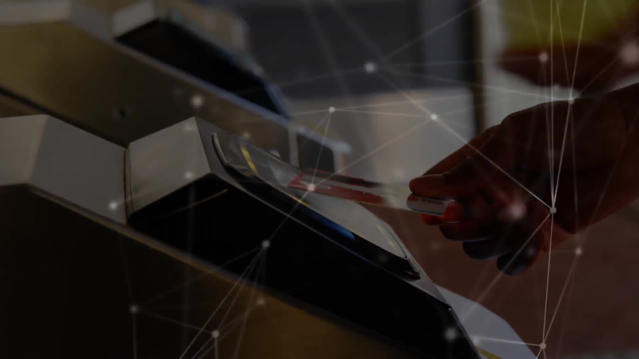 Animation of a web of connection floating over a person paying with a credit card contactless