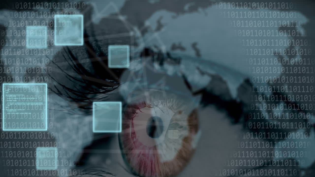 animación del procesamiento de datos y codificación binaria sobre el ojo y el mapa del mundo