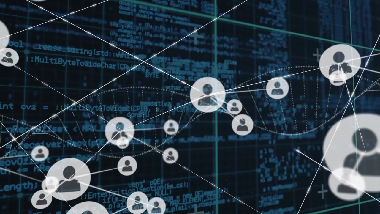 Animated Network of User Icons with DNA Helix and Digital Code Background