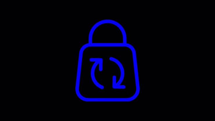 Blue Glowing Padlock Icon with Rotating Arrows on Black Background