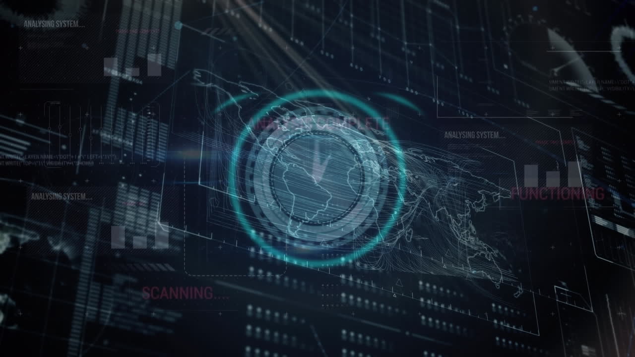 Animation of neon ticking clock over interface with data processing against blue background