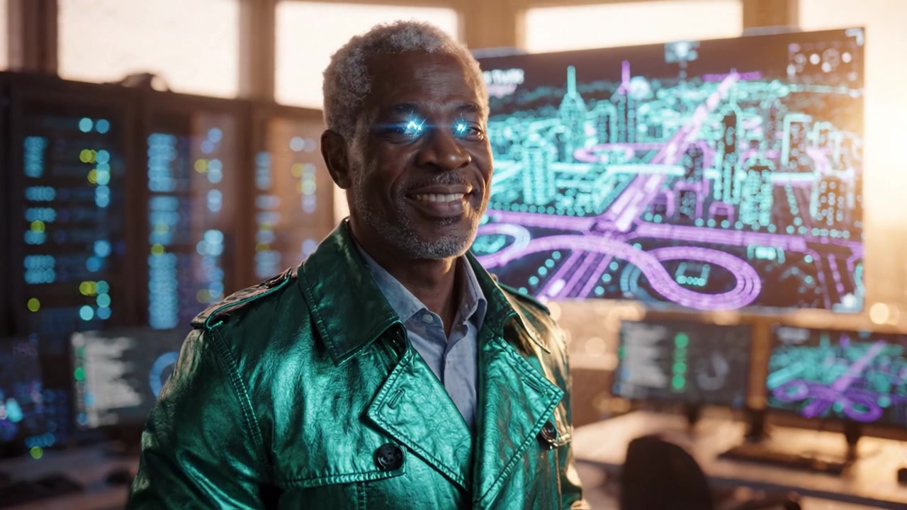 A technologically savvy individual showcasing innovation while using a smart device in a futuristic control room with vibrant digital displays in the background.