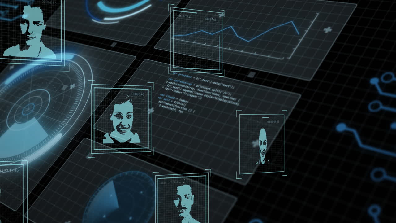 Animation of data processing and people icons over black background