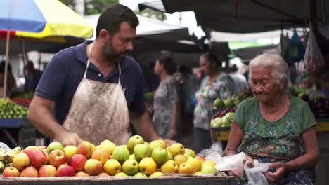 a colorful market scene featuring a fruit vendor and an elderly customer engaged in a transaction amidst the bustling atmosphere of a local marketplace