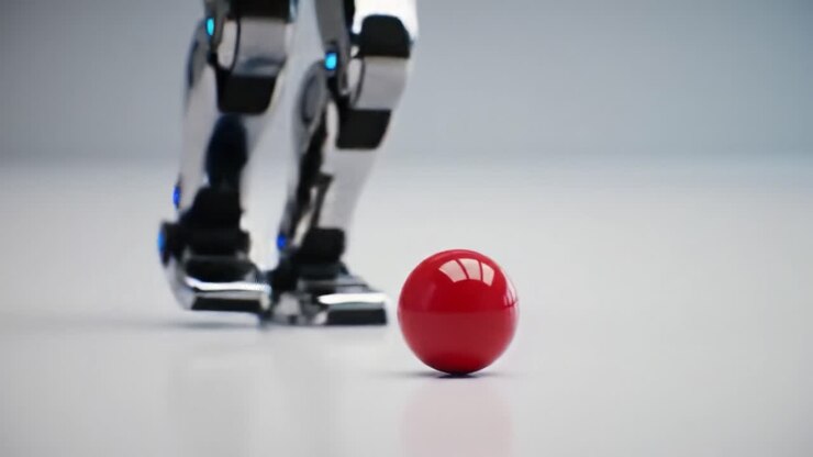 A Futuristic Robot Interacts with a Vibrant Red Ball, Highlighting Advanced Robotics and AI Technology in a Clean Modern Environment